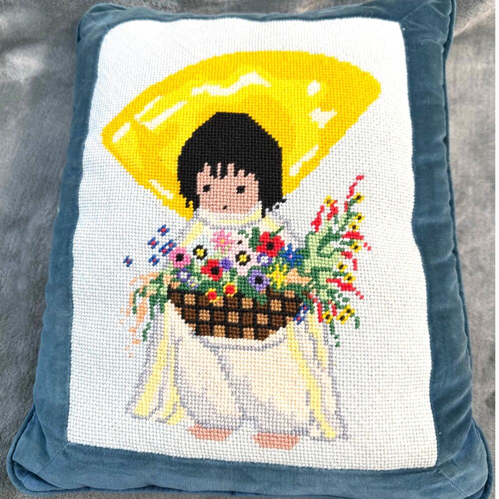 Ted DeGrazia Needlepoint Pillow Yellow Hat Flower Girl Blue Velvet Vintage 12x14